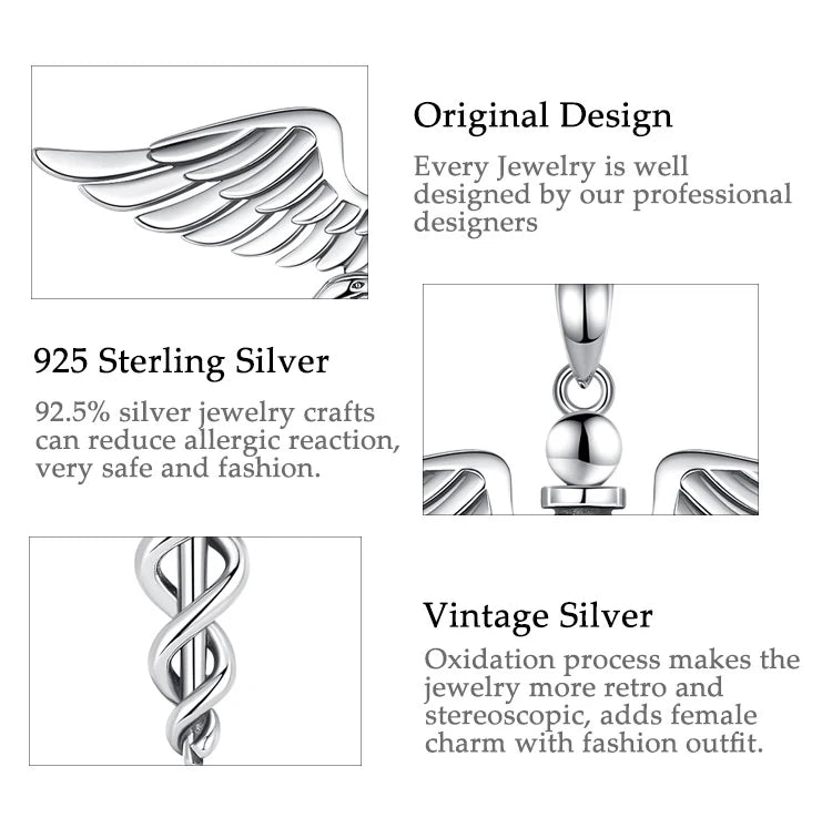 Silver Caduceus Snake Wings Scepter Necklace