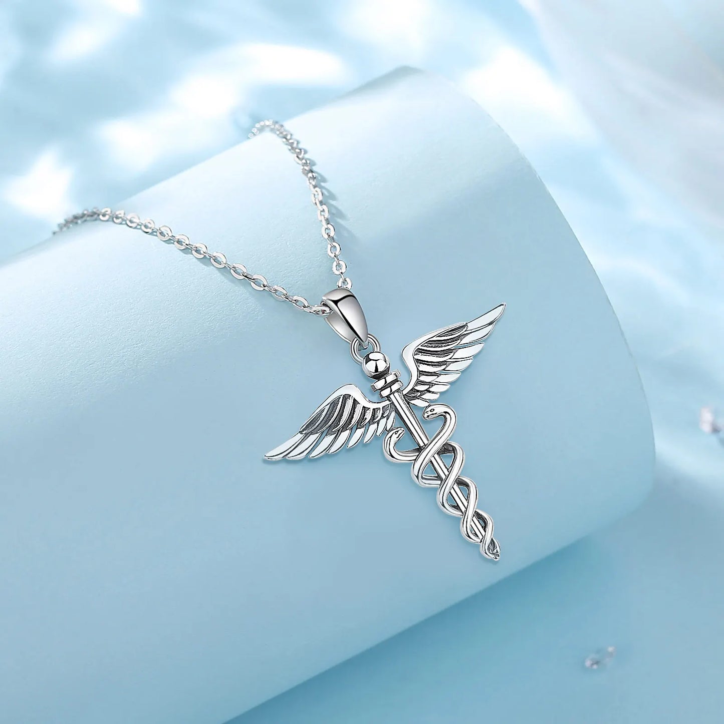 Silver Caduceus Snake Wings Scepter Necklace