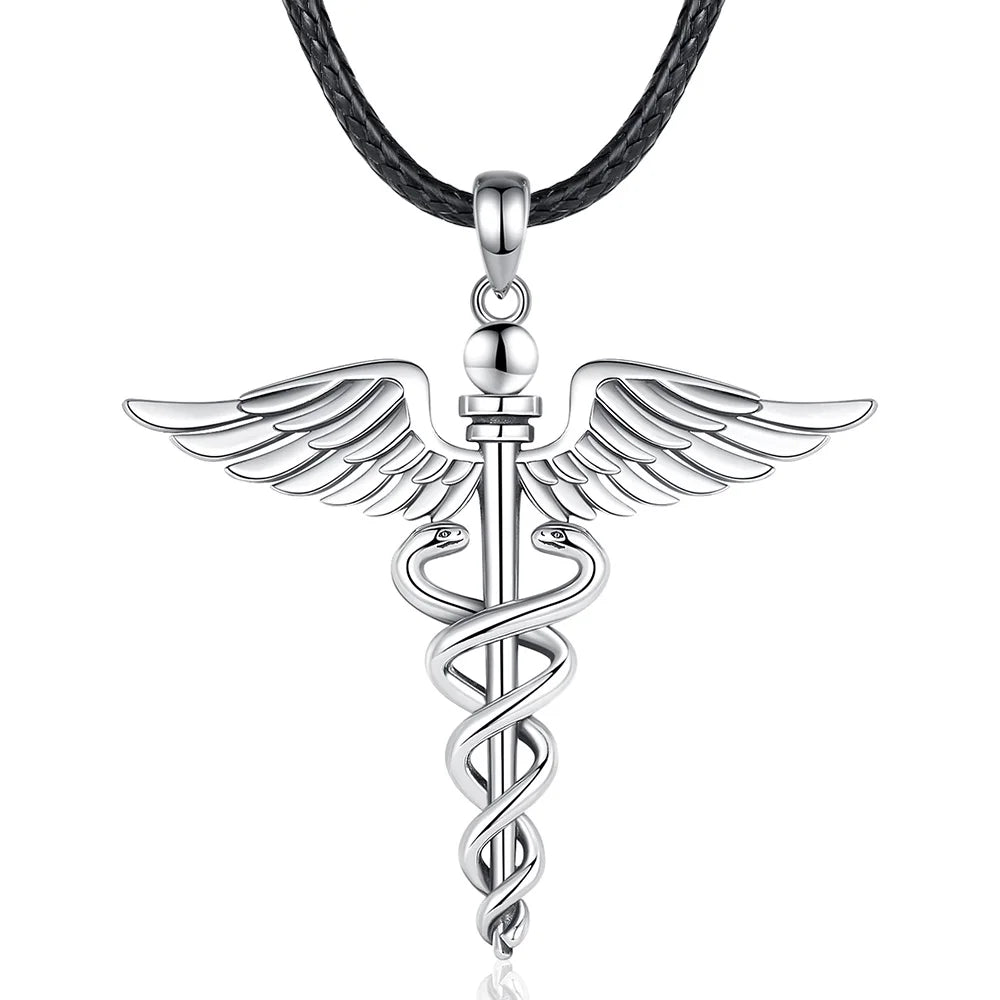 Silver Caduceus Snake Wings Scepter Necklace