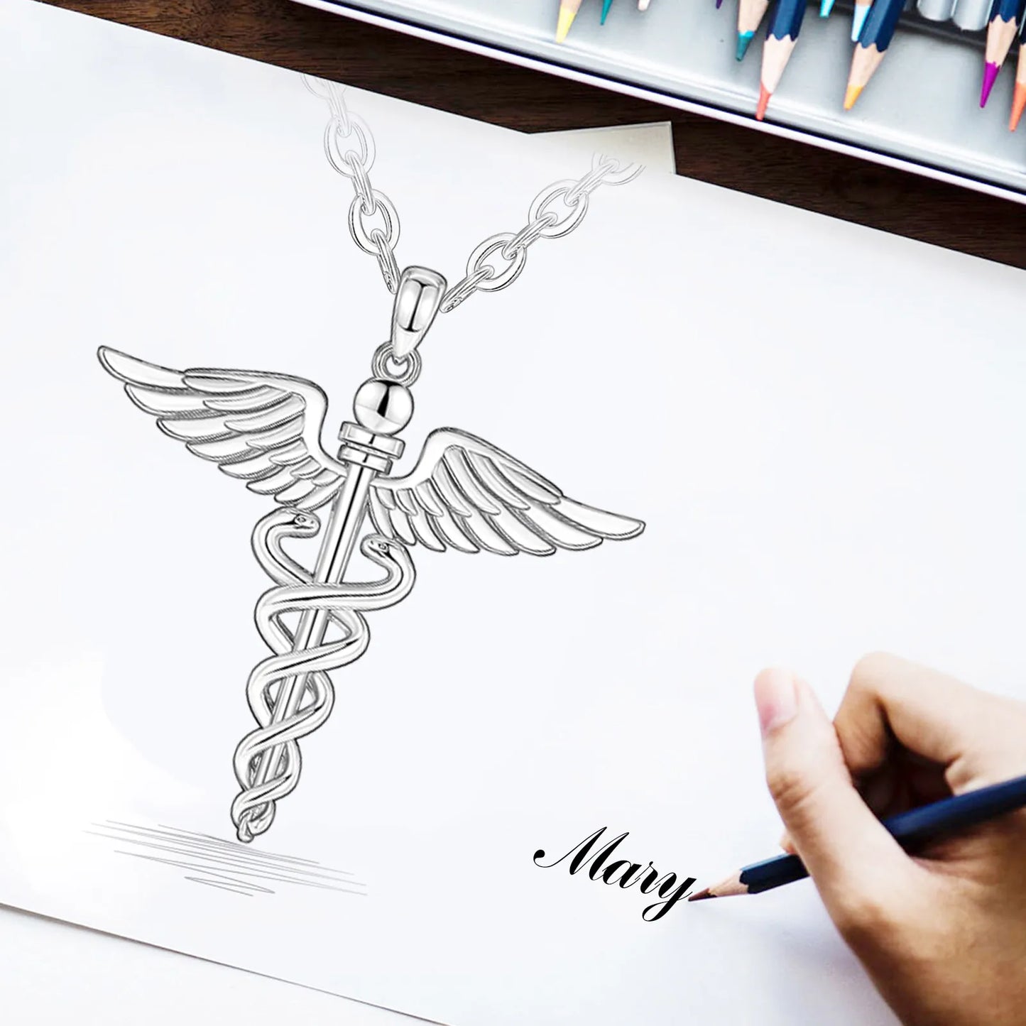 Silver Caduceus Snake Wings Scepter Necklace