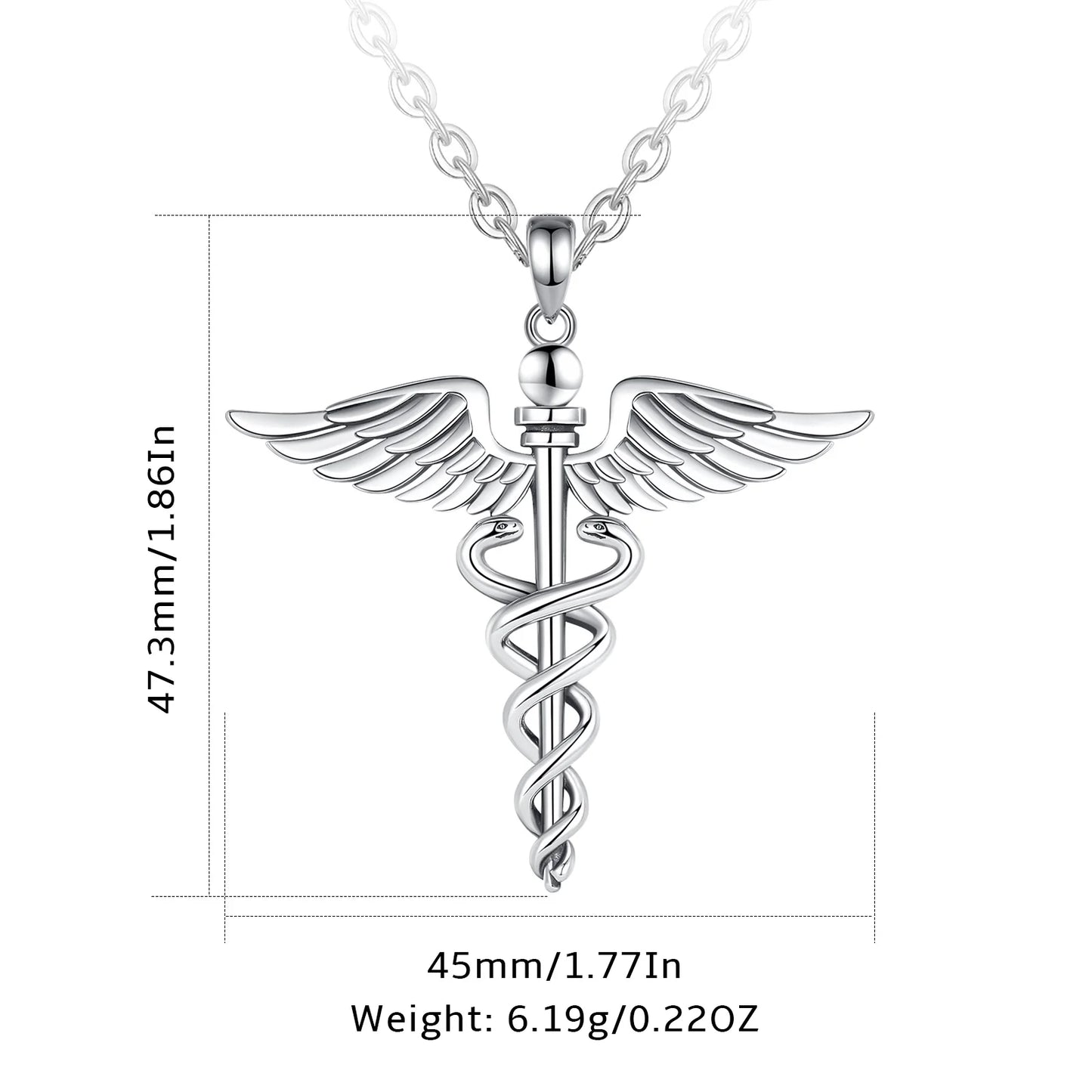 Silver Caduceus Snake Wings Scepter Necklace