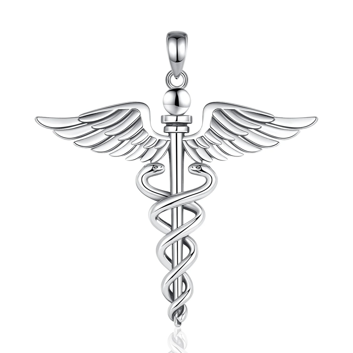 Silver Caduceus Snake Wings Scepter Necklace