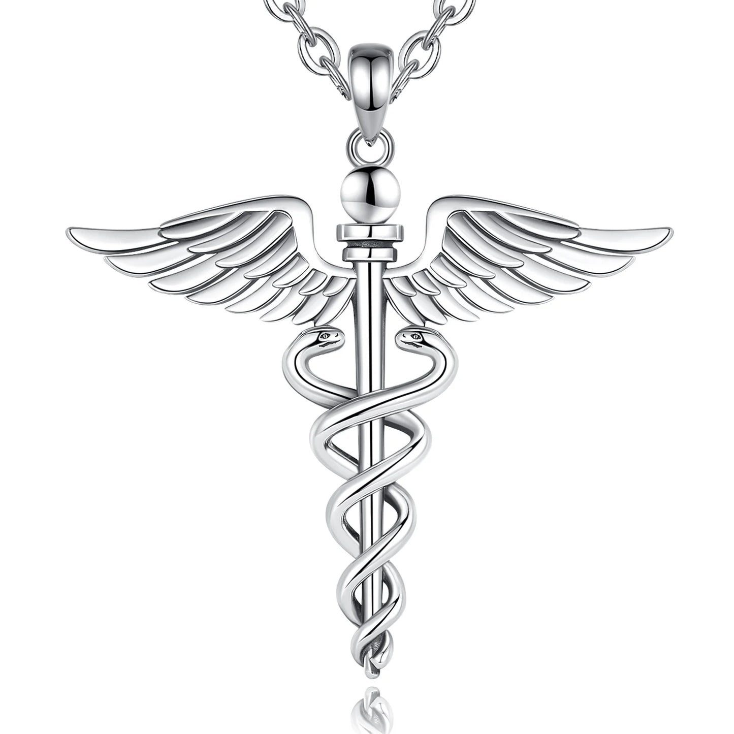 Silver Caduceus Snake Wings Scepter Necklace